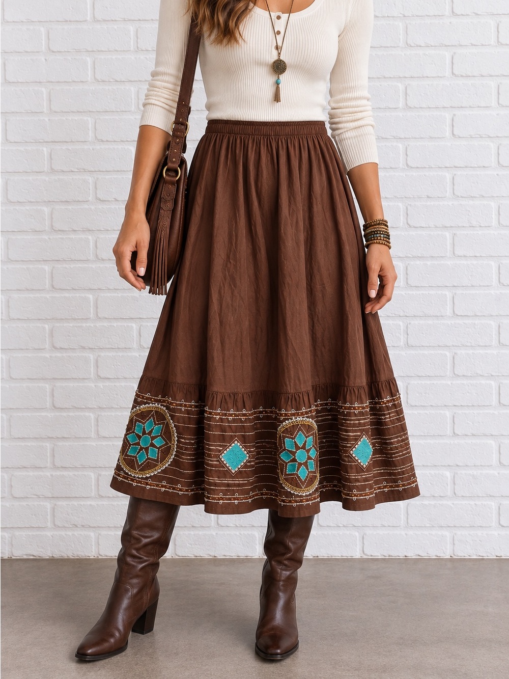 Vintage Y2K Westbound Brown Cotton Beaded Boho Maxi Skirt Petite M